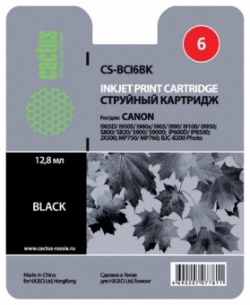Картридж струйный Cactus CS-BCI6BK черный для Canon i905D/i950S/i960x/i965/i990/i9100/i9950/S800/S82
